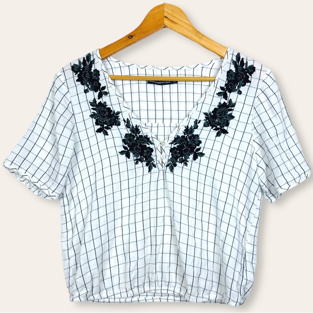 Abercrombie & Fitch V Neck Window Pane Floral Short Sleeve Gauzy Popover Blouse